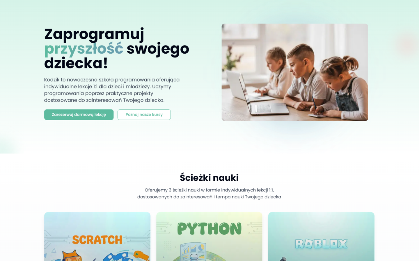 Strona Kodzik.org — szkoła programowania online dla dzieci i młodzieży